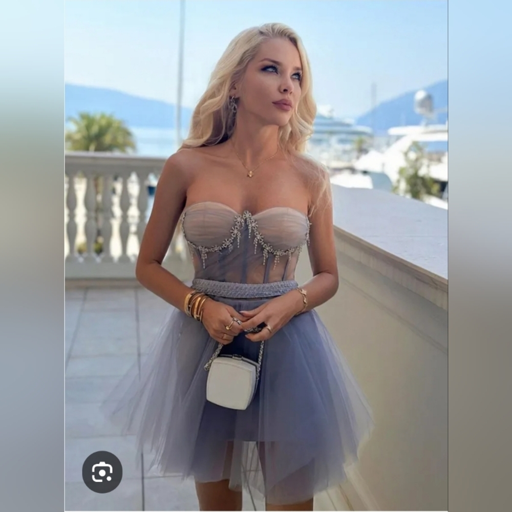 Sparkly Bowknot Crystal Bandeau Strapless Semi Sheer Corset Mini Tulle Dress